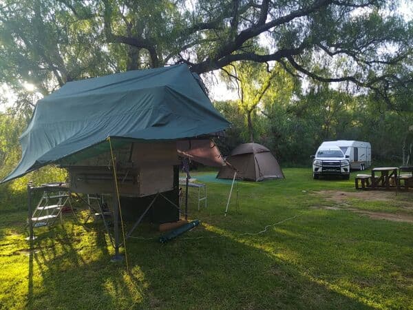 Rooftop tent and camping setup under large trees